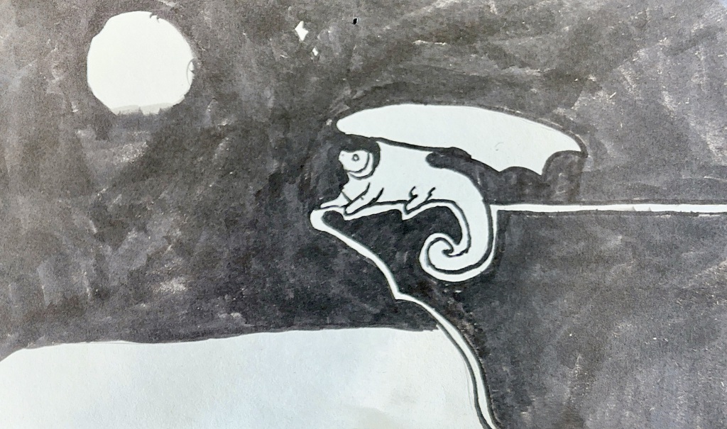 Black and white illustration of a chameleon on a branch under a full moon.