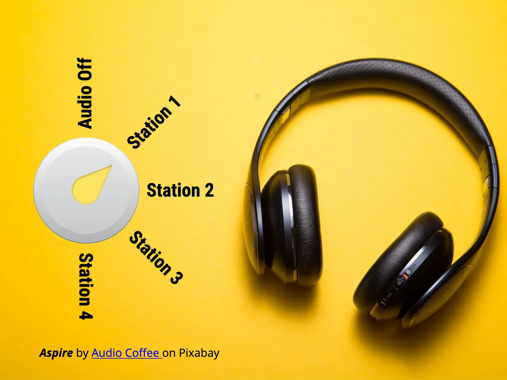 Headphones next to a rotary dial with options labeled "Audio Off," "Station 1," "Station 2," "Station 3," and "Station 4" on a yellow background.