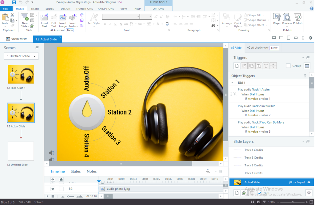 Screenshot of an Articulate Storyline project showing a slide with a yellow background and black headphones. The slide includes a circular diagram with "Audio Off" and "Station 1-4" labels. Trigger settings and slide layers are displayed on the right panel.