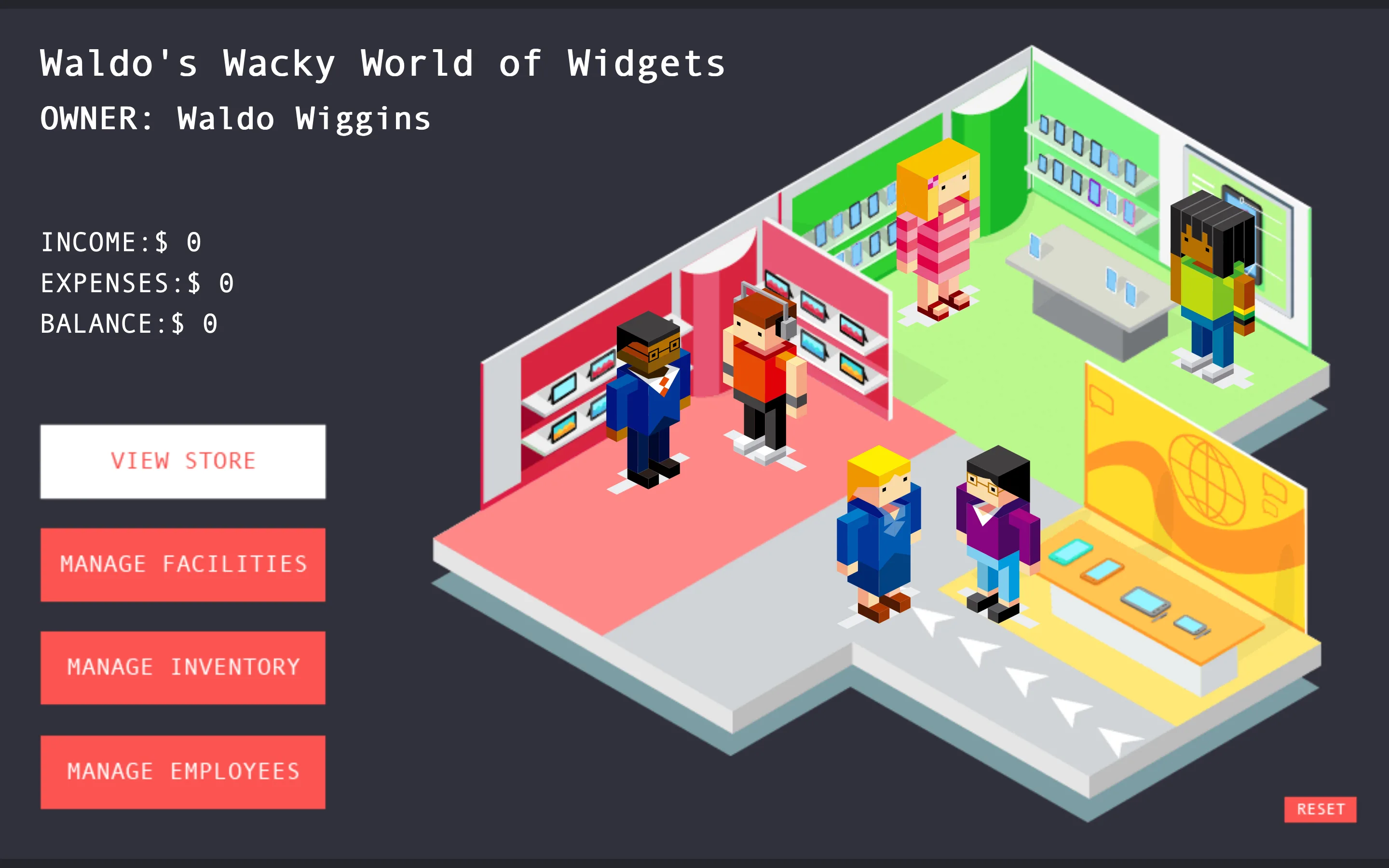 A video game store simulation interface with pixel art characters and management menu options.
