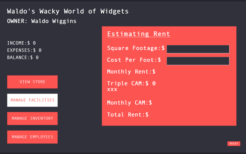 Alt text: "Dashboard interface for Waldo's Wacky World of Widgets showing income, expenses, balance, and rent estimation fields alongside navigation options."