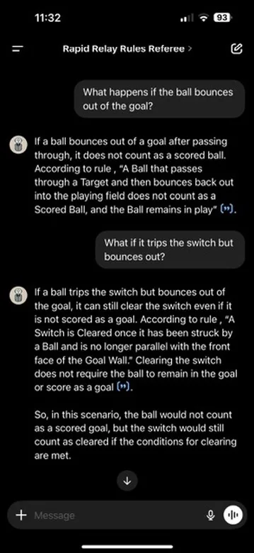 Screenshot of a chat titled "Rapid Relay Rules Referee" discussing rules about a ball bouncing out of a goal and tripping a switch in a game.