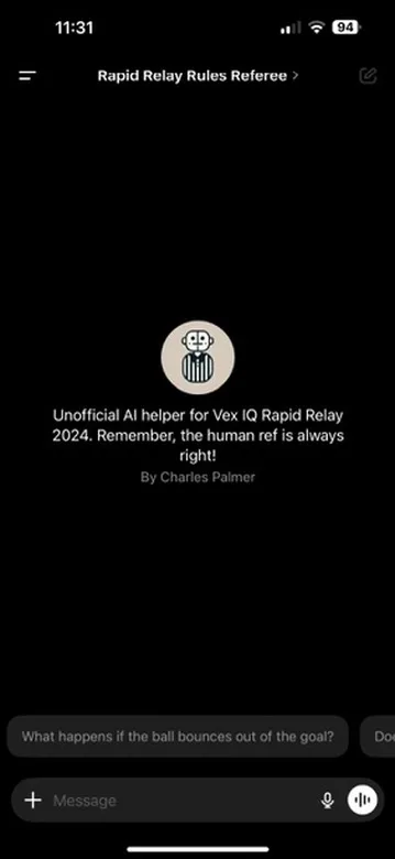 Screenshot of an AI helper app for Vex IQ Rapid Relay 2024, mentioning that the human referee is always right, created by Charles Palmer.
