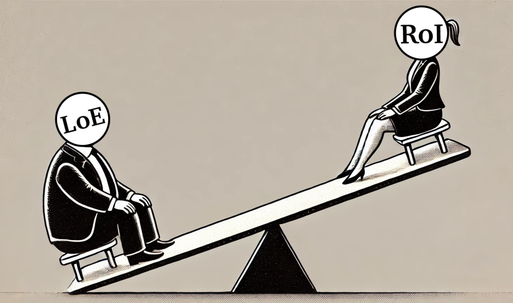 Illustration of a seesaw with a person labeled "LoE" on one side and a person labeled "RoI" on the other.