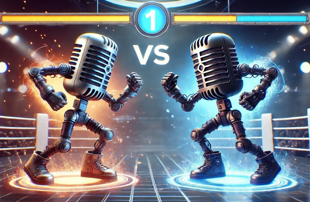 Two robotic figures with microphone heads face off in a boxing ring, surrounded by blue and orange energy.