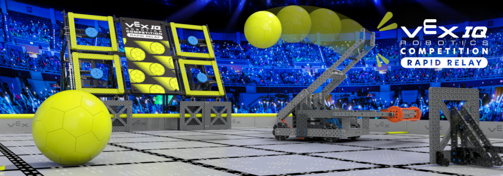 Image of a VEX IQ Robotics Competition Rapid Relay arena with a robot and large yellow balls.